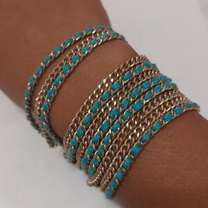 Trendy Chic 11 Row Stacked Chains Faux Leather Bracelet Blue Gold Tone